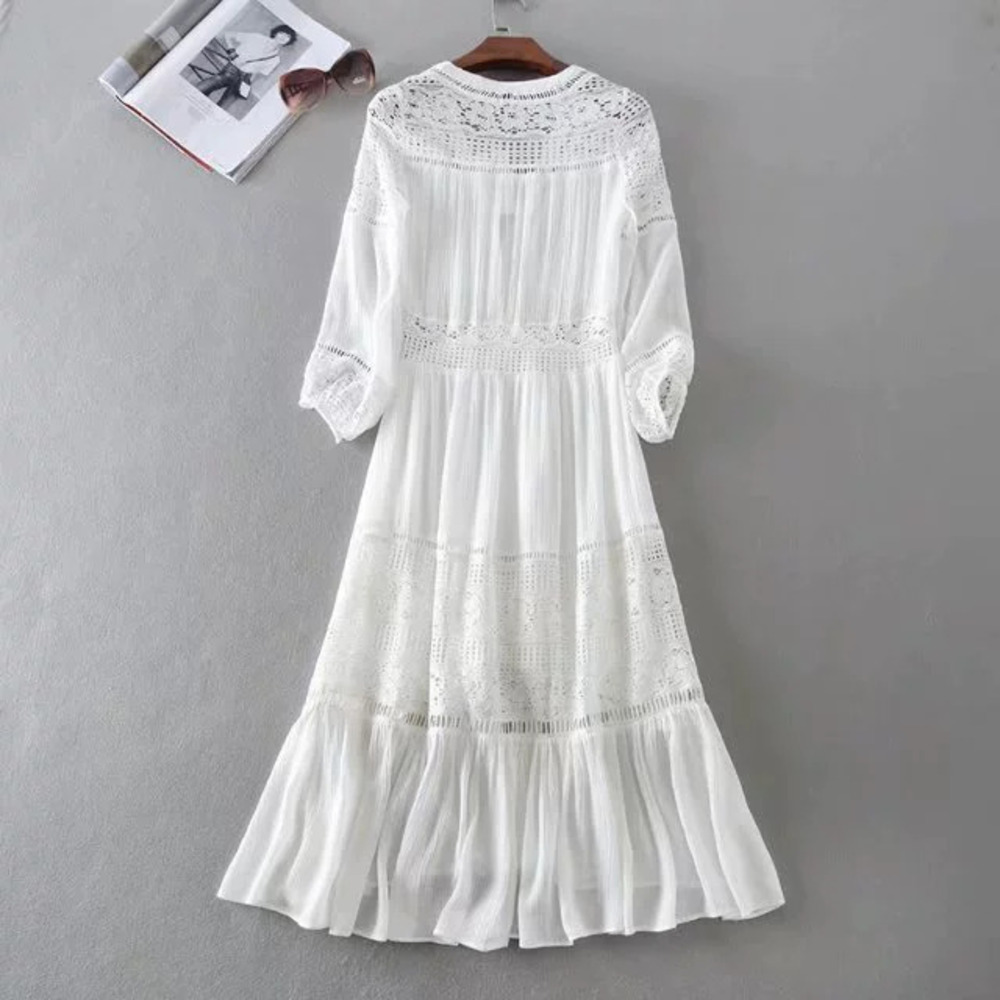White Lace Patchwork Deep V Neck Vacation Honeymoon Dress